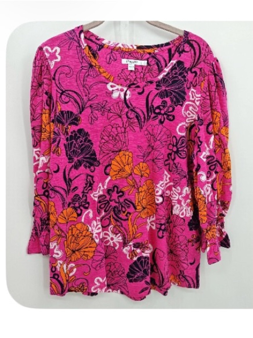 Chicos size 2 Fuchsia Floral Scoop-Neck Tunic with Orange & Black Accents